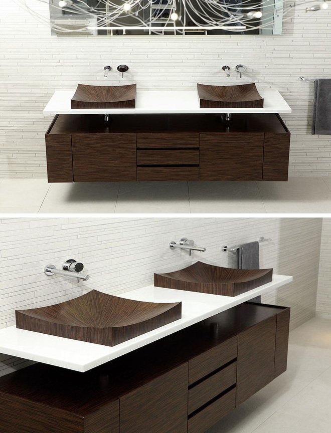 Chẳng cần nhiều, một chiếc bồn rửa tay bằng gỗ cũng đủ mang nét tự nhiên ngập tràn phòng tắm